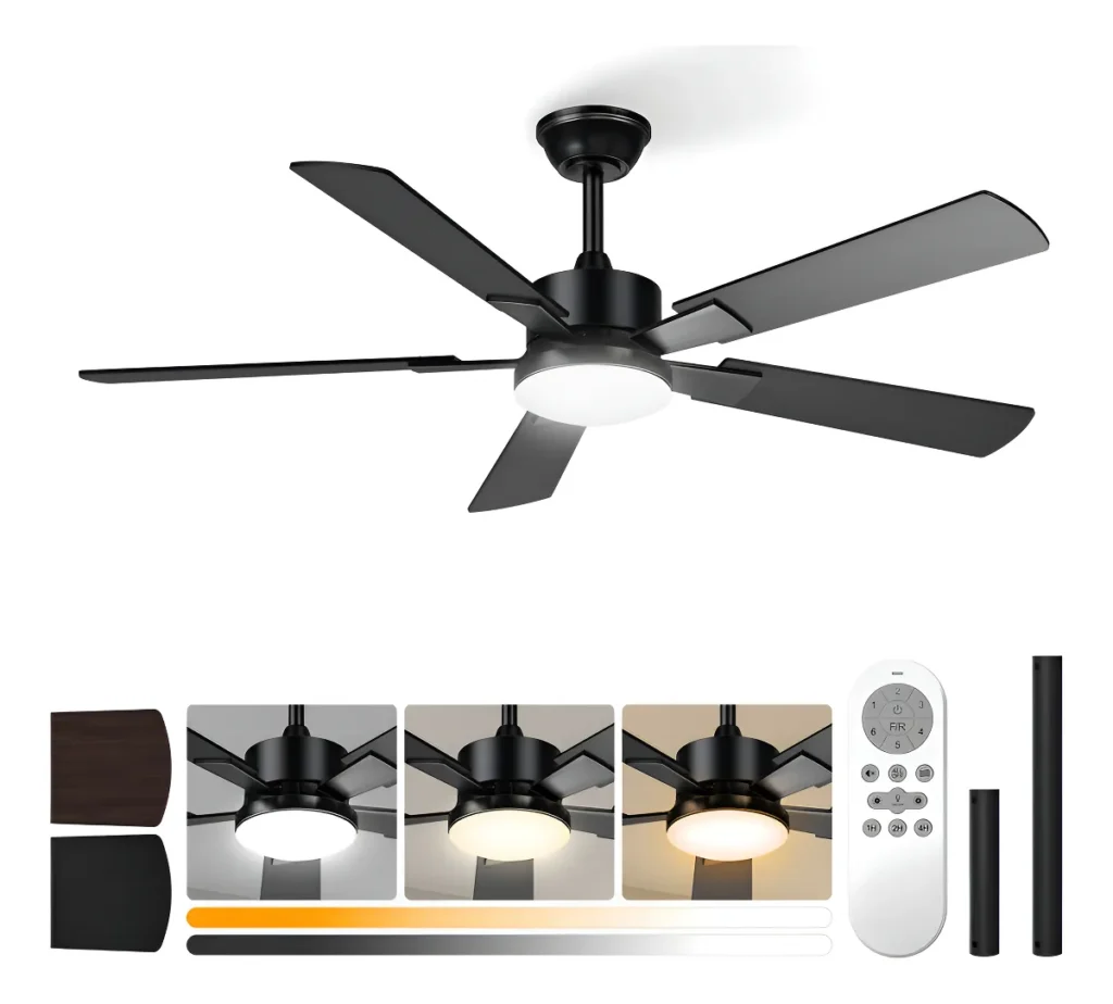 52" ceiling fan with 5 double-sided blades and adjustable LED light