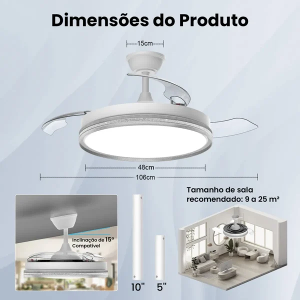 ventilador de teto retrátil airwit 42” (106 cm) com luz led, motor dc silencioso e controle remoto