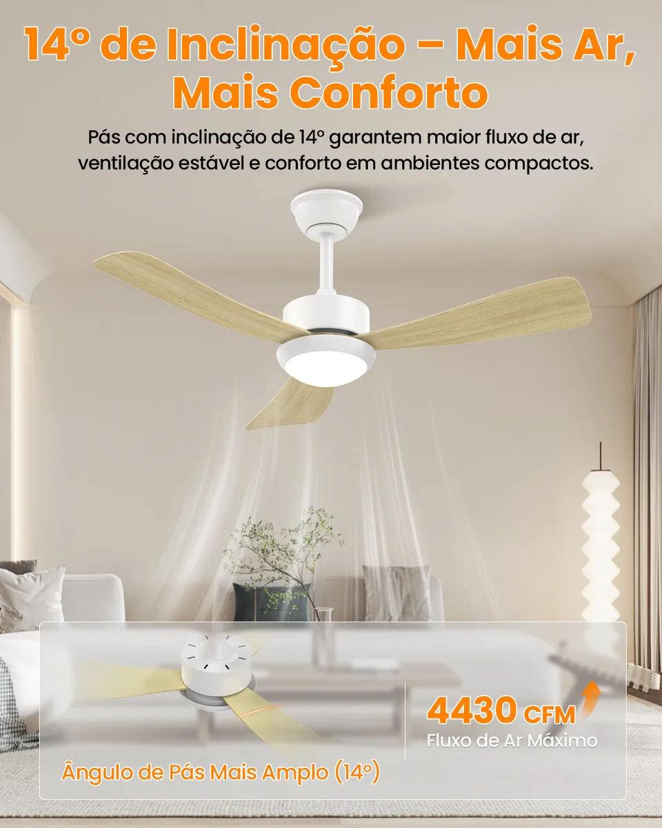 Pás ABS 0,3 cm com inclinação 14 graus no ventilador de teto 42 polegadas para fluxo de ar estável