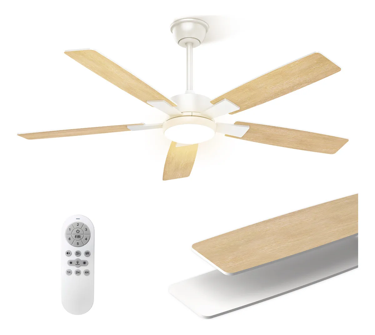 Ventilador de teto com controle remoto com pás dupla face branco madeira clara e luz LED 18W