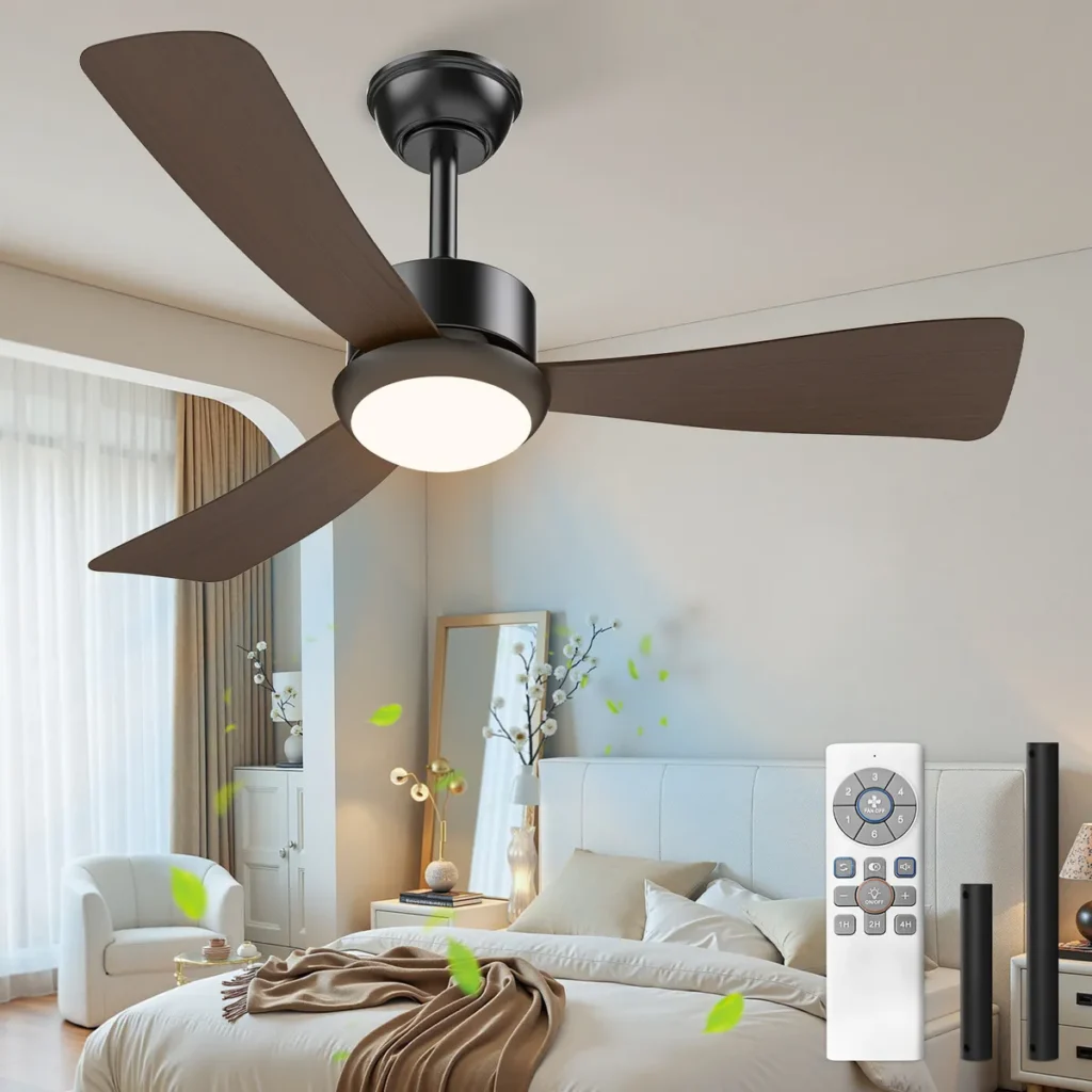 42-inch black remote control ceiling fan with dark wood blades and 21W dimmable LED light