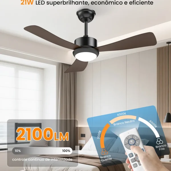 Ventilador de teto com luz LED 3CCT 3000K 4000K 6500K com controle remoto para sala e quarto