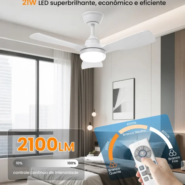 Ventilador de teto com luz LED 3CCT 3000K 4000K 6500K para quarto com controle remoto