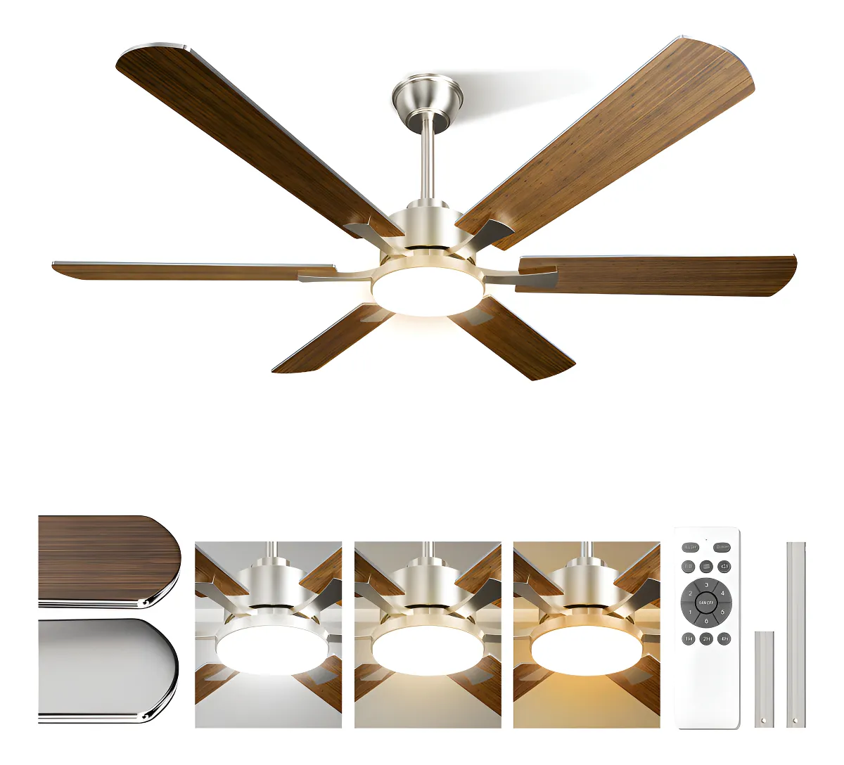 Ventilador de teto com controle remoto 52 polegadas com pás dupla face prateado nogueira e luz LED 18W