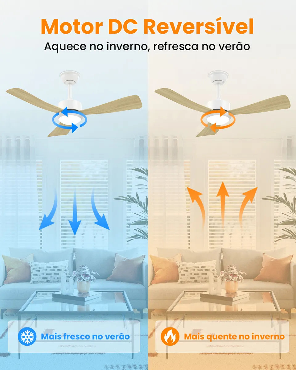 Ventilador de teto com controle remoto reversível verão inverno com motor DC e 6 velocidades