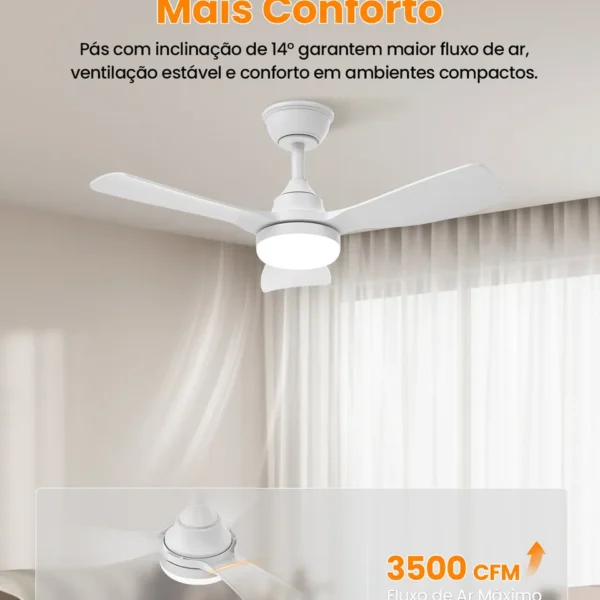 Ventilador de teto branco com pás ABS reforçadas 0,3 cm e inclinação 14 graus para maior fluxo de ar