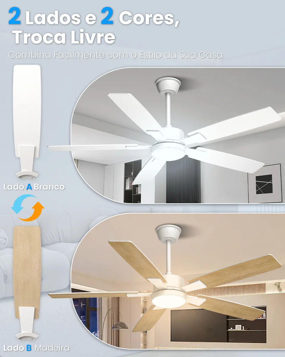 Ventilador de Teto com Controle Remoto e Luz LED 18W, Pás Dupla Face (Madeira Clara/Branco) - Image 2