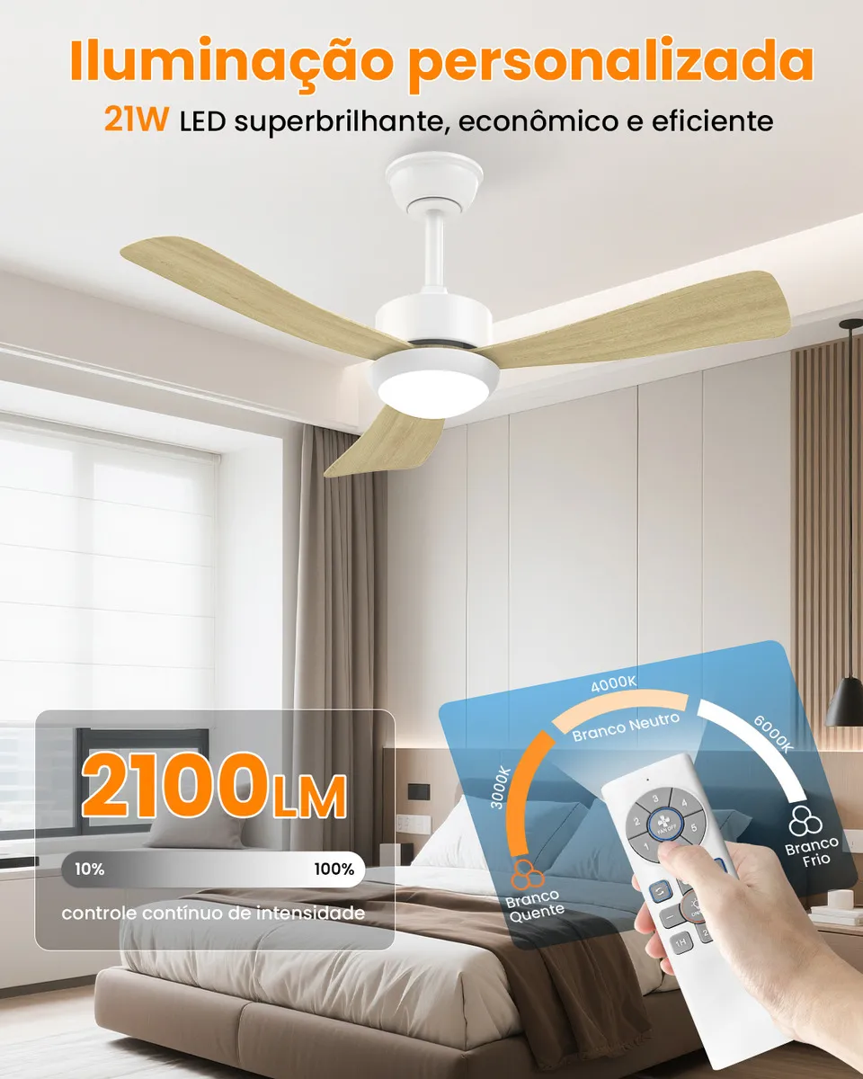 Ventilador de Teto Airwit 42” com Pás Madeira Clara e Controle Remoto Silencioso (Motor DC 25 dB, Luz LED 21W) – Image 4