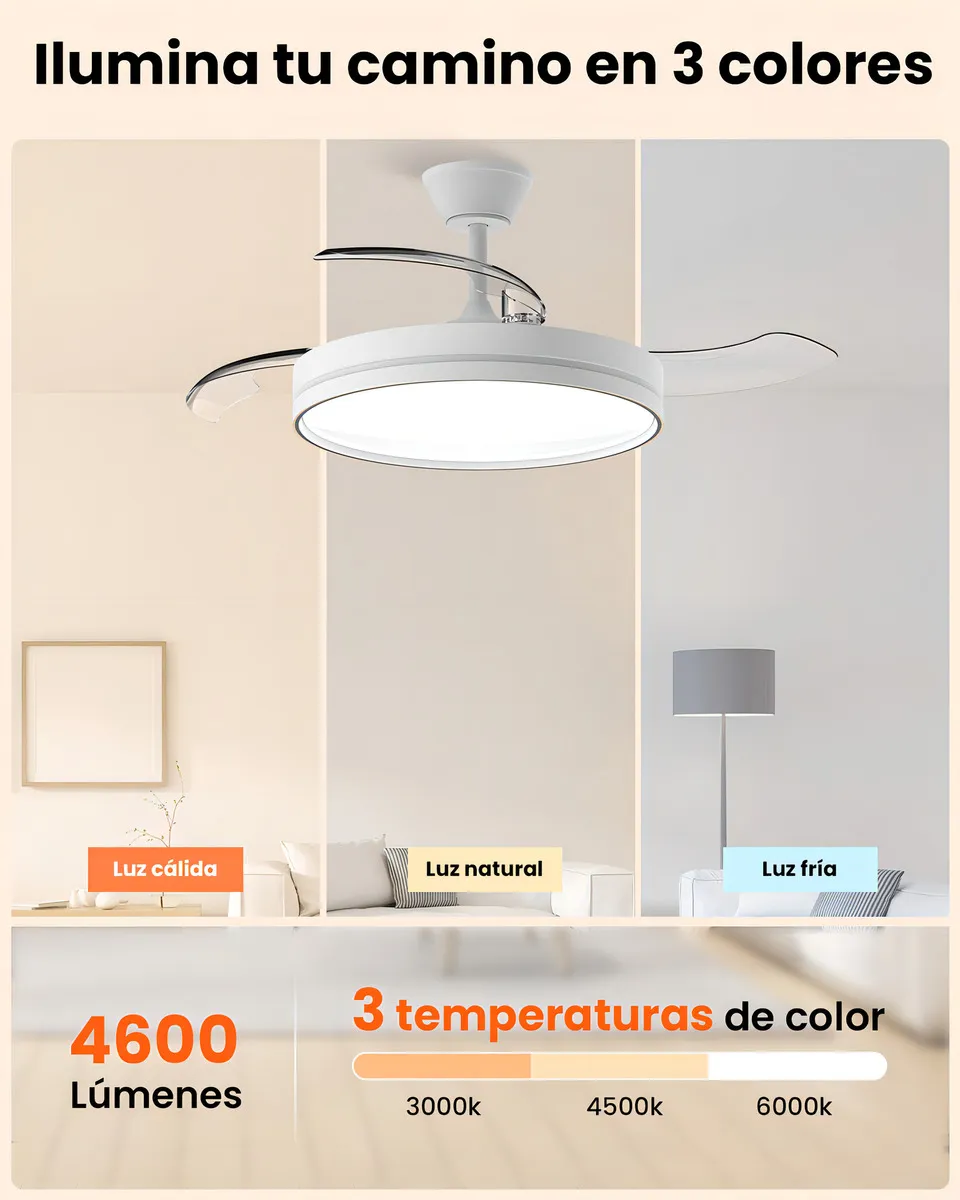 Ventilador de teto retrátil com luz LED 3CCT 3000K 4000K 6500K para sala e quarto