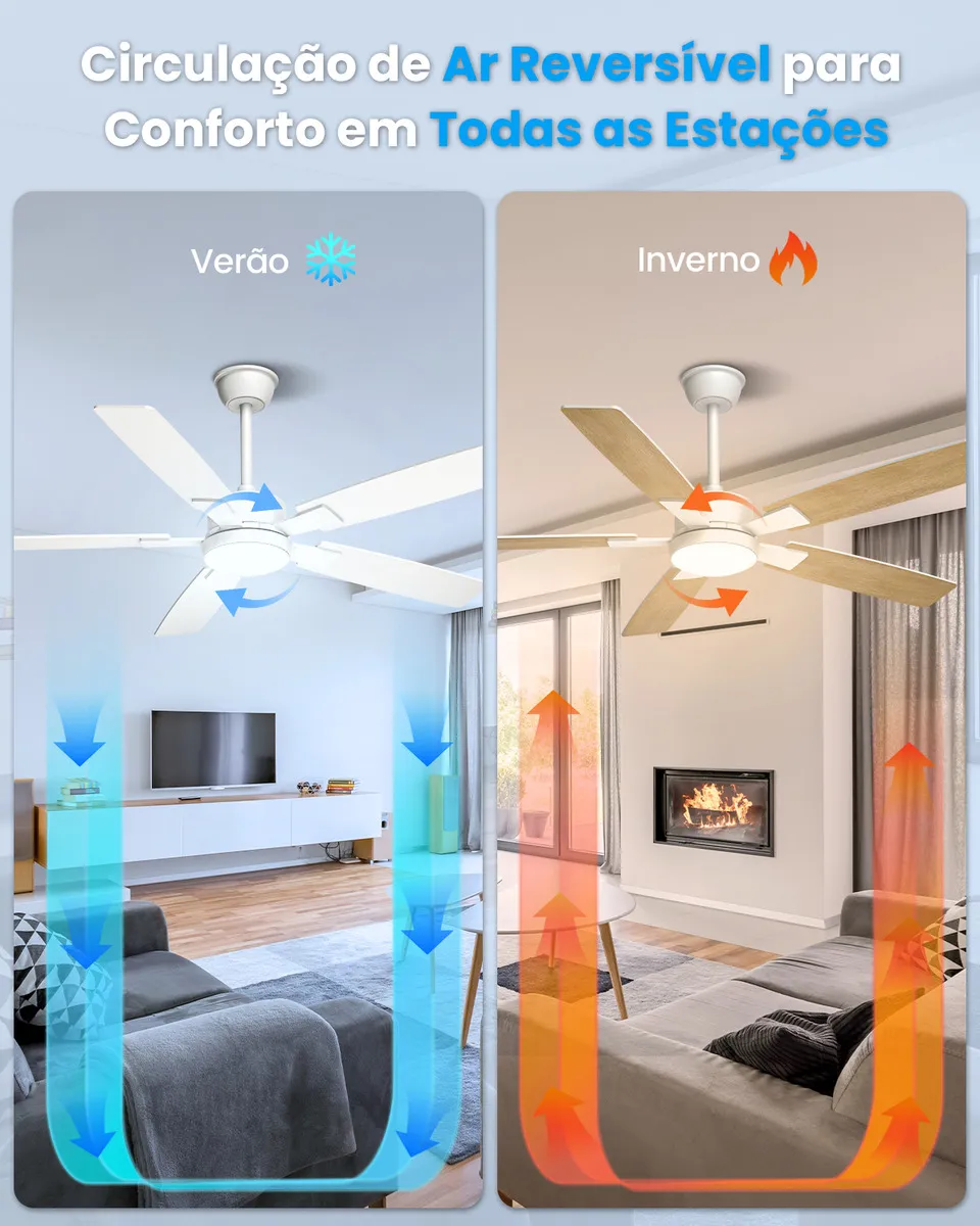 Ventilador de teto com controle remoto reversível verão inverno com motor DC e 6 velocidades