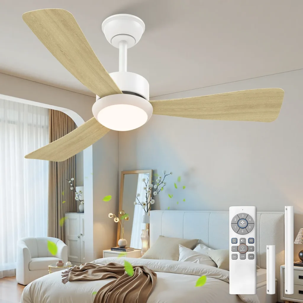 42-inch remote-controlled ceiling fan with light wood blades and 21W dimmable LED light