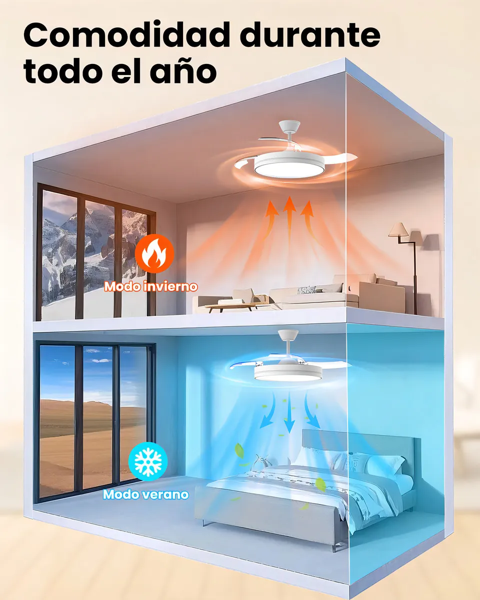 Ventilador de teto retrátil com função reversível verão e inverno para conforto o ano inteiro