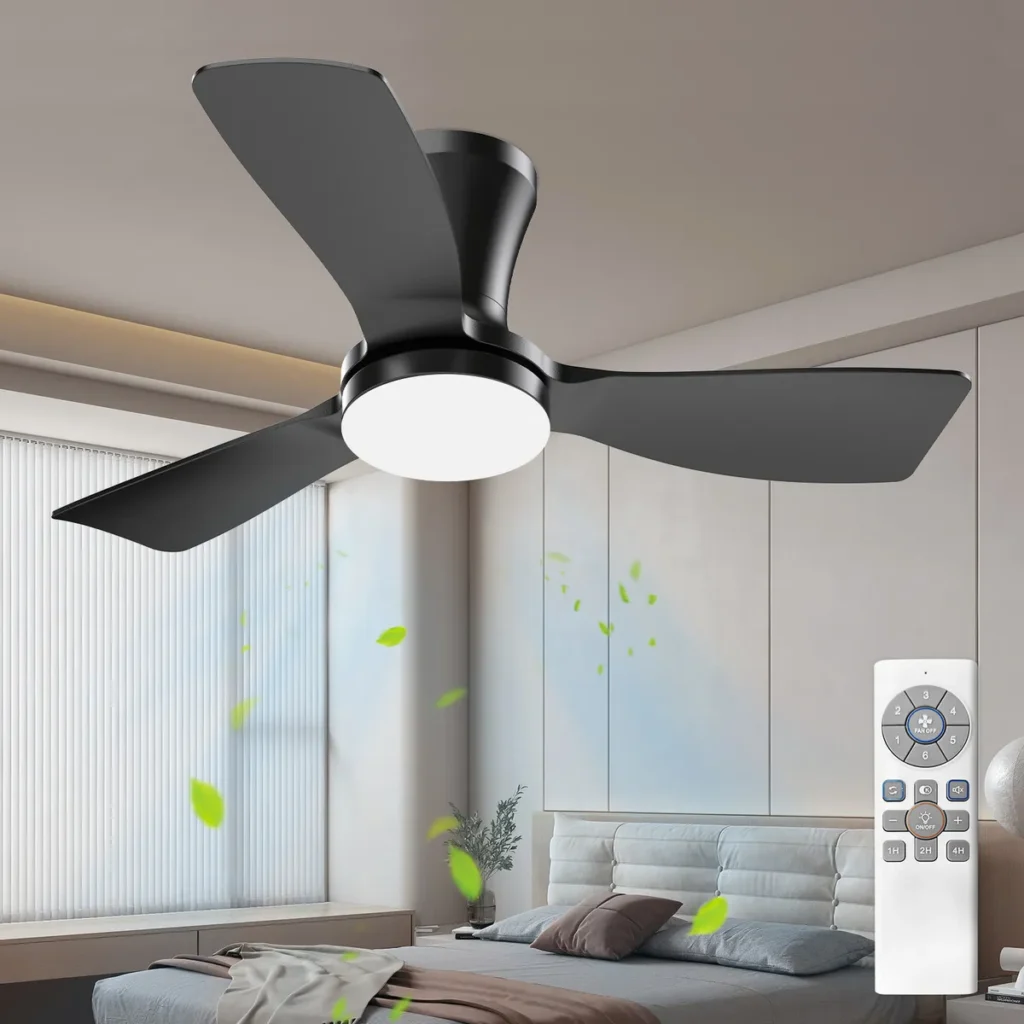36-inch black remote control ceiling fan with silent DC motor and 21W LED light