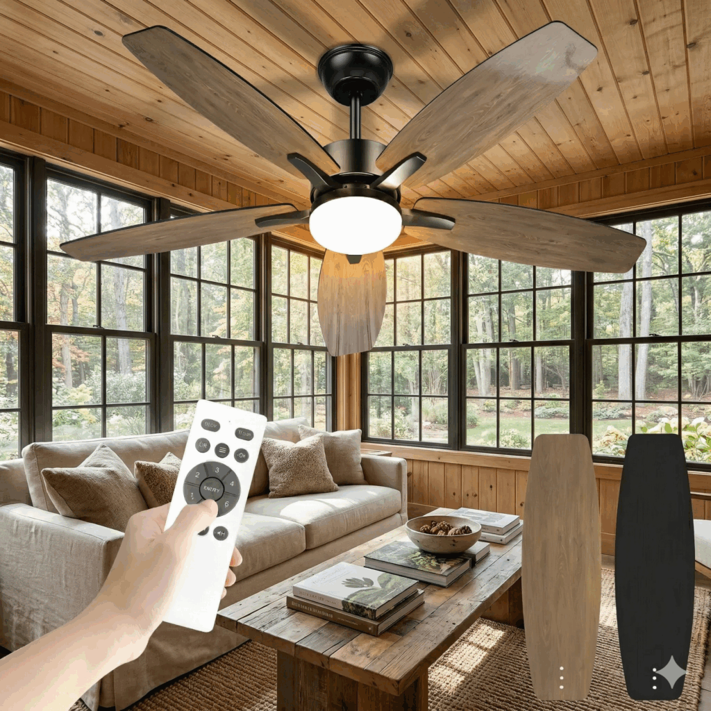 42 inch ceiling fan with light and remote control, 5 wood-grain blades, AIRWIT model 60004 in living room