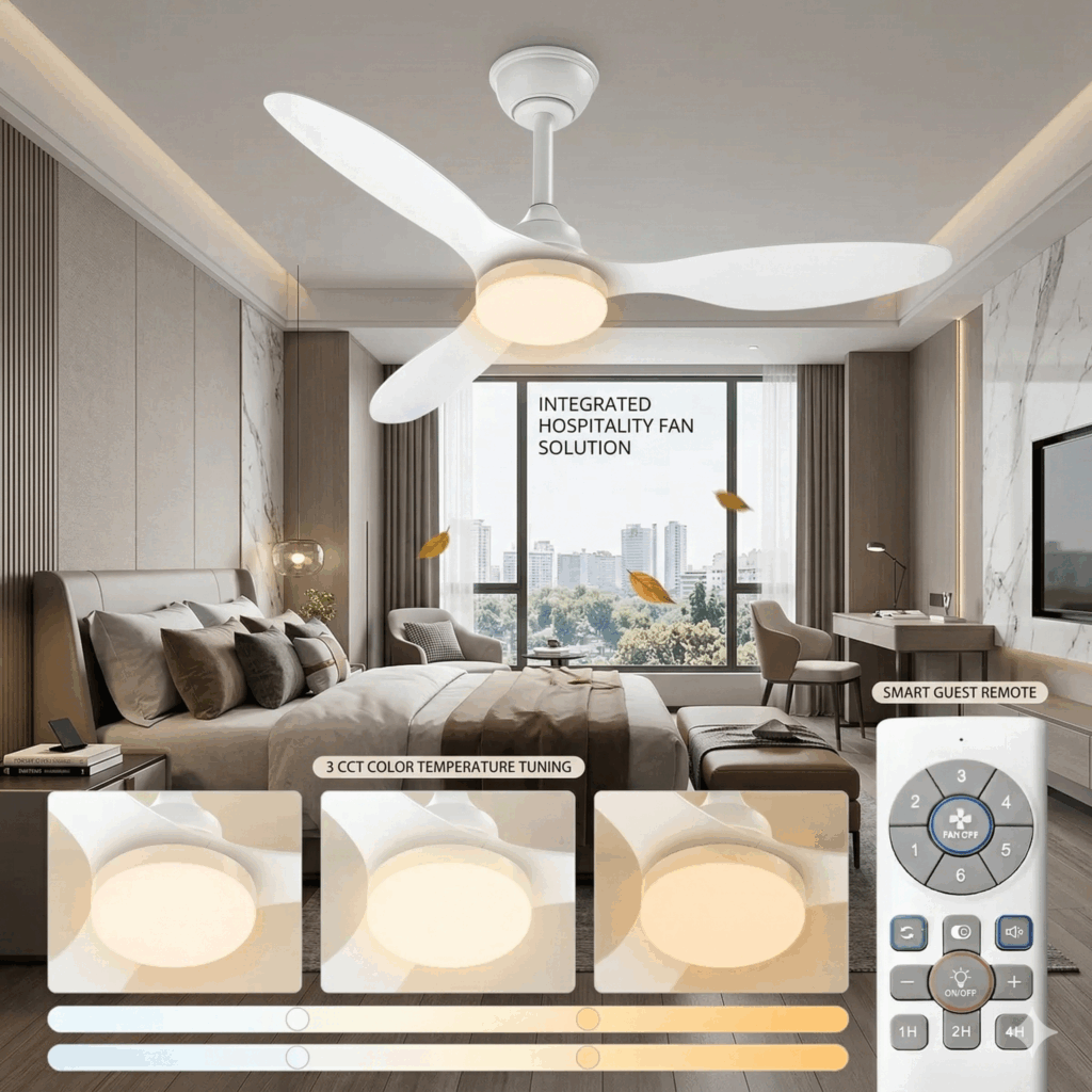42 inch minimalist ceiling fan with light and remote control, 3-blade AIRWIT model 70003 in hotel room