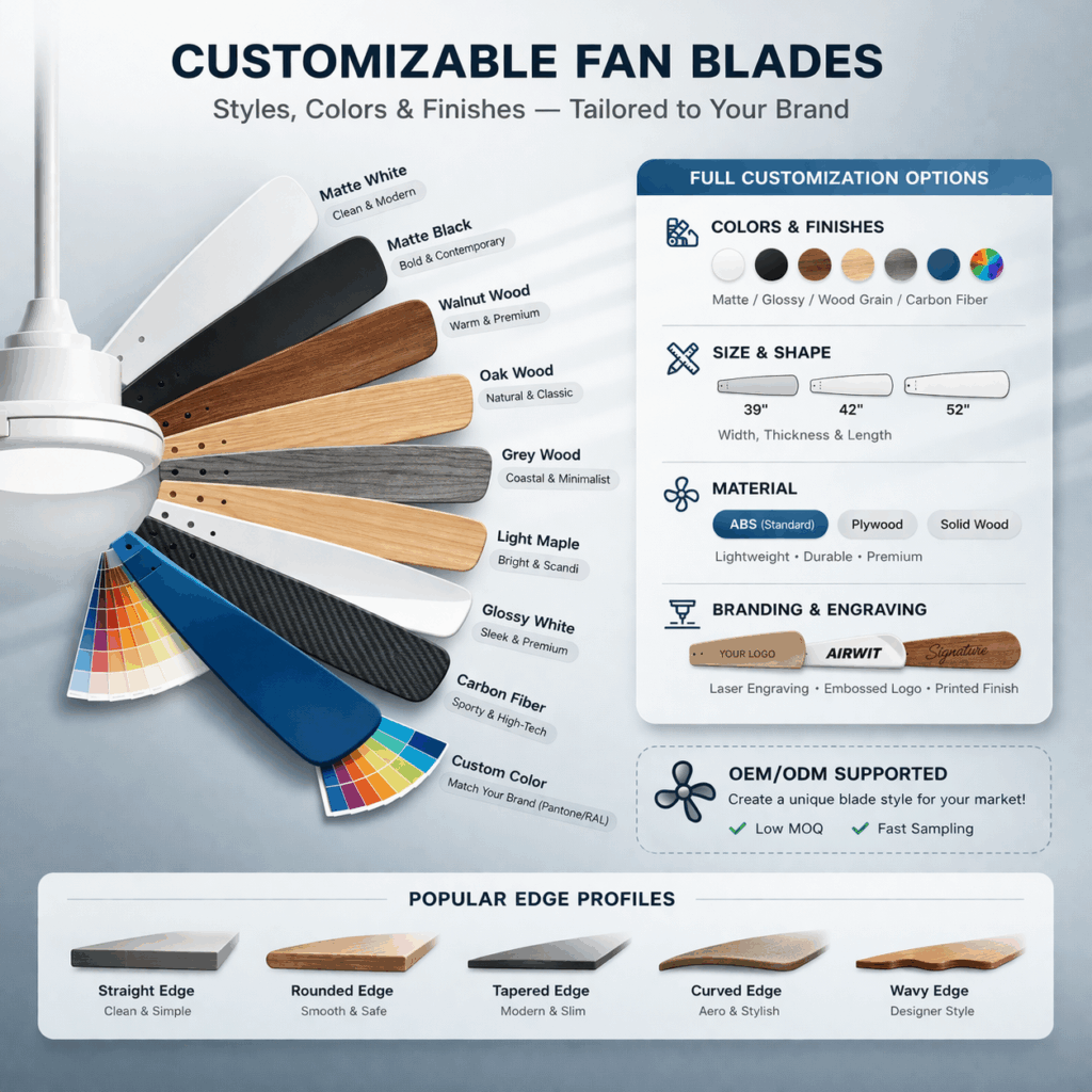 Custom ceiling fan blade styles and colors for OEM and ODM projects, including matte white, matte black, wood grain, walnut, light oak, and grey wood finishes
