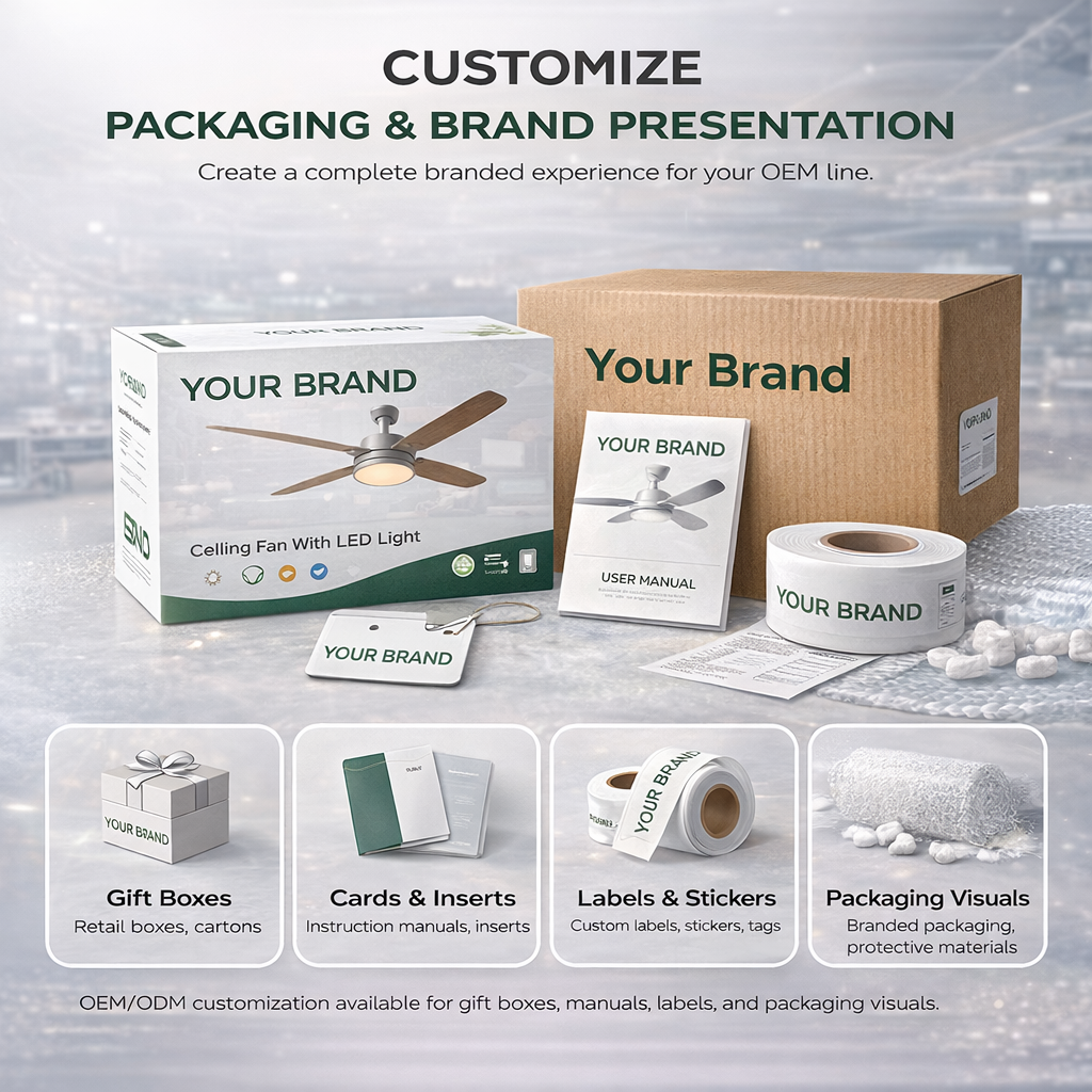 Custom ceiling fan packaging and brand presentation for OEM and ODM projects, including gift boxes, cartons, manuals, labels, inserts, and branded packaging visuals