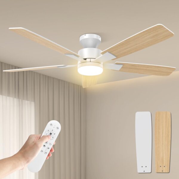 Airwit 132cm Grand Débit d’Air Ventilateur Plafond avec Lumière, Silencieux Plafonnier Ventilateur avec Telecommande, 6 Vitesses, LED Dimmable Lampe, Moteur DC Réversible pour Chambre Salon [Classe énergétique D]