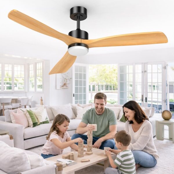 Airwit 152cm Ventilateur Plafond Grand avec Pales en Bois Massif, Ventilateur Plafond avec Lumiere LED Réglable et Télécommande, Moteur DC Silencieux et Réversible pour Salon, Terrasse, Extérieur [Classe énergétique D]
