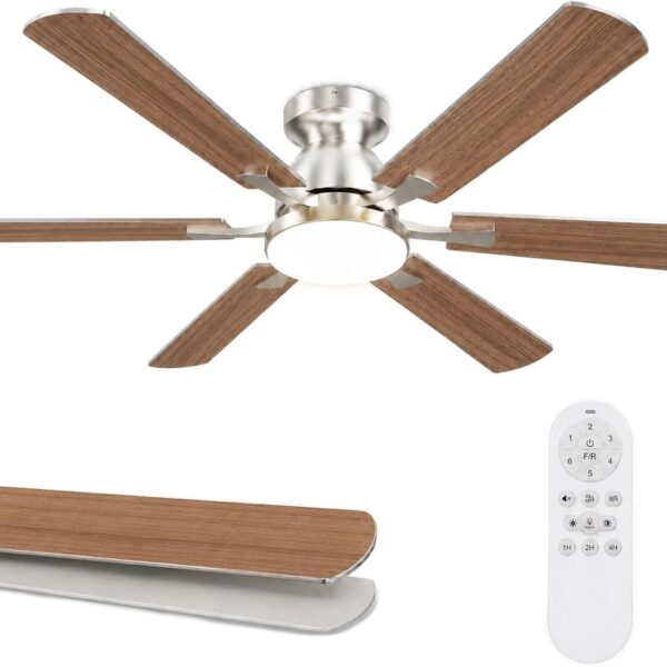 Airwit 132 cm Ventilateur de Plafond avec Lumière, Pales Double Face Bois & Argent, Silencieux pour Chambre et Salon, LED 3 Couleurs, Moteur DC Réversible, Télécommande, 6 Vitesses, Modèle Plafonnier [Classe énergétique F]