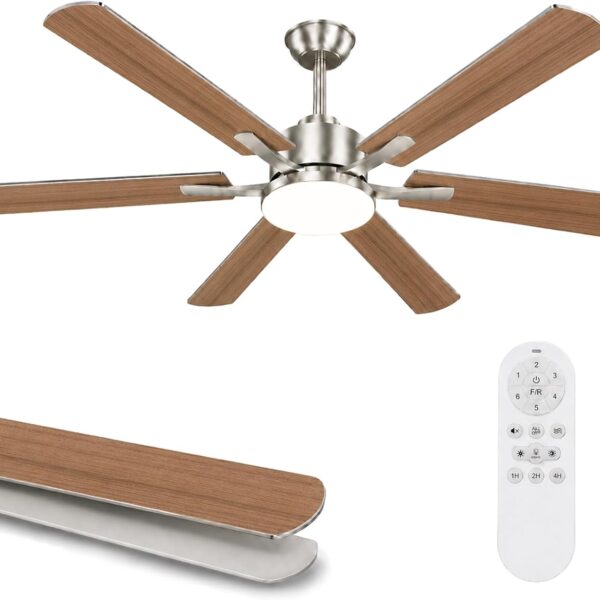 Airwit 132 cm Ventilateur de Plafond avec Lumière, Pales Double Face Bois & Argent, Silencieux pour Chambre et Salon, LED 3 Couleurs, Moteur DC Réversible, Télécommande, 6 Vitesses, Modèle avec Tige