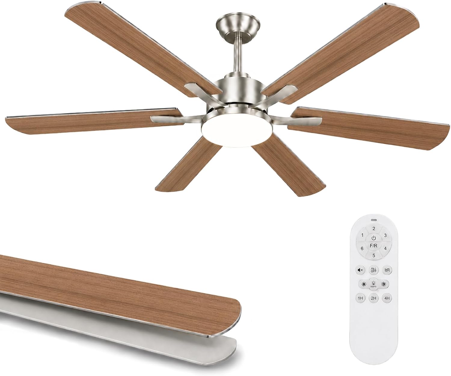 Airwit 132 cm Ventilateur de Plafond avec Lumière, Pales Double Face Bois & Argent, Silencieux pour Chambre et Salon, LED 3 Couleurs, Moteur DC Réversible, Télécommande, 6 Vitesses, Modèle avec Tige